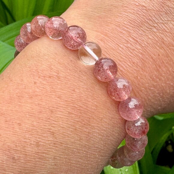 Natural Strawberry Quartz Stretch Bracelet Gemstone Crystal Energy & Protection - Picture 1 of 4